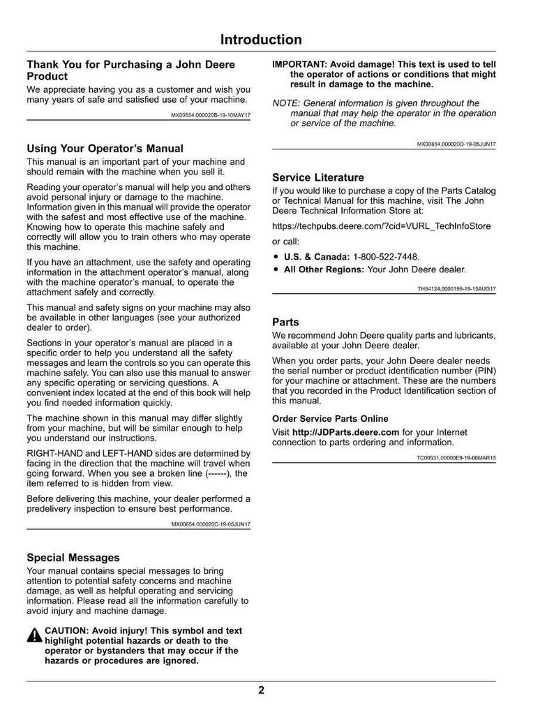 May include: A page from a John Deere operator's manual, titled "Introduction." The text discusses product purchase, manual use, service literature, and safety messages. The page includes a caution symbol and contact details.