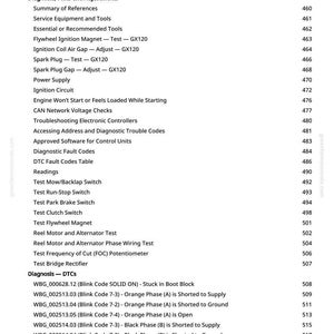 May include: A page from a manual with a table of contents and diagnostic codes. The text includes sections on tests, adjustments, and troubleshooting for various vehicle components, such as ignition and electrical systems.