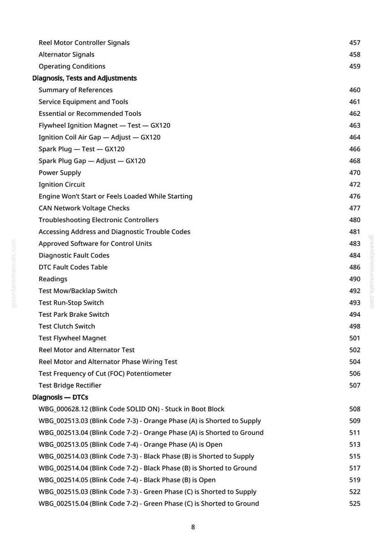 May include: A page from a manual with a table of contents and diagnostic codes. The text includes sections on tests, adjustments, and troubleshooting for various vehicle components, such as ignition and electrical systems.