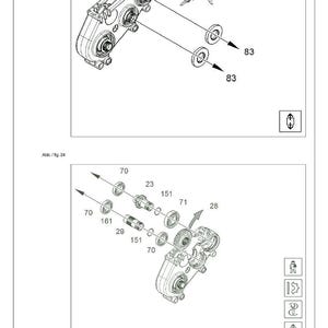 Op de afbeelding: Technische tekening van GT-SRS-onderdelen, inclusief lagers, tandwielen en andere mechanische componenten. Het diagram is gelabeld met onderdeelnummers en bevat het Walterscheid-logo. Gedetailleerde illustratie van machineonderdelen.