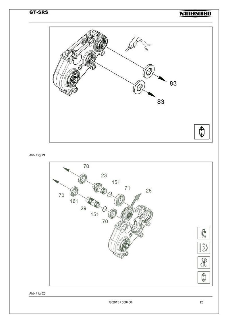 Op de afbeelding: Technische tekening van GT-SRS-onderdelen, inclusief lagers, tandwielen en andere mechanische componenten. Het diagram is gelabeld met onderdeelnummers en bevat het Walterscheid-logo. Gedetailleerde illustratie van machineonderdelen.