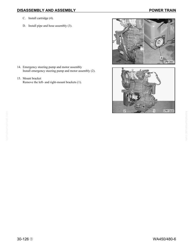 May include: Diagram of a power train assembly with detailed instructions for disassembly and assembly. Includes images of components, labeled with numbers and part names. Text includes instructions for installing parts like the cartridge, pipe, and hose assembly.