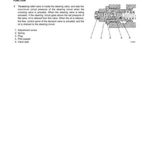 K&ouml;nnte beinhalten: Diagramm eines Lenkungsentlastungsventils mit Beschriftungen f&uuml;r Einstellschraube, Feder, Stopfen, Pilotventil und Ventilsitz. Der Text erkl&auml;rt die Funktion des Ventils im Lenkkreis.