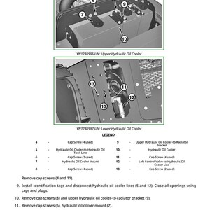 May include: Diagram of hydraulic oil cooler components, including cap screws, brackets, and lines. The image includes labels and a legend detailing each part, such as the hydraulic oil cooler mount and the upper hydraulic oil cooler-to-radiator bracket.