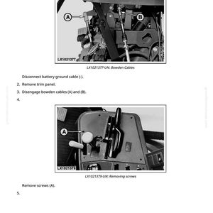 May include: Diagram showing the process of removing and installing a shift control assembly. The image includes close-ups of the assembly with labels and instructions. Text includes "LX1021377-UN: Bowden Cables" and "LX1021379-UN: Removing screws".