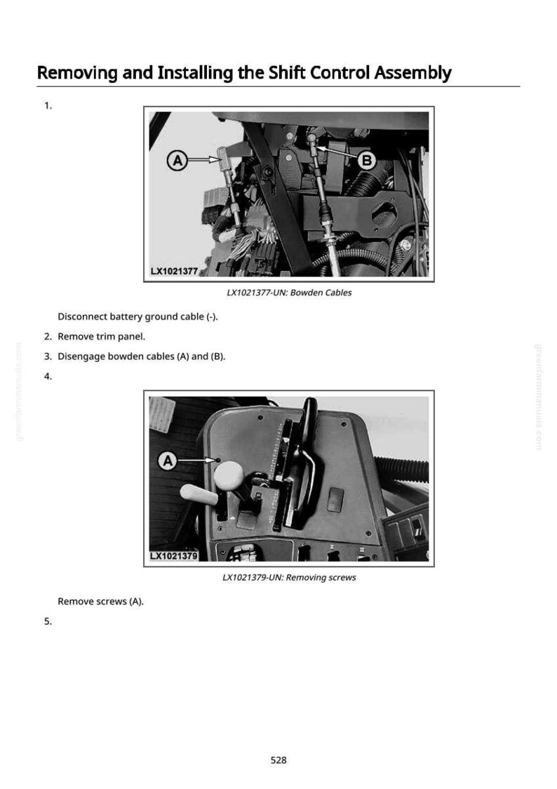 May include: Diagram showing the process of removing and installing a shift control assembly. The image includes close-ups of the assembly with labels and instructions. Text includes "LX1021377-UN: Bowden Cables" and "LX1021379-UN: Removing screws".