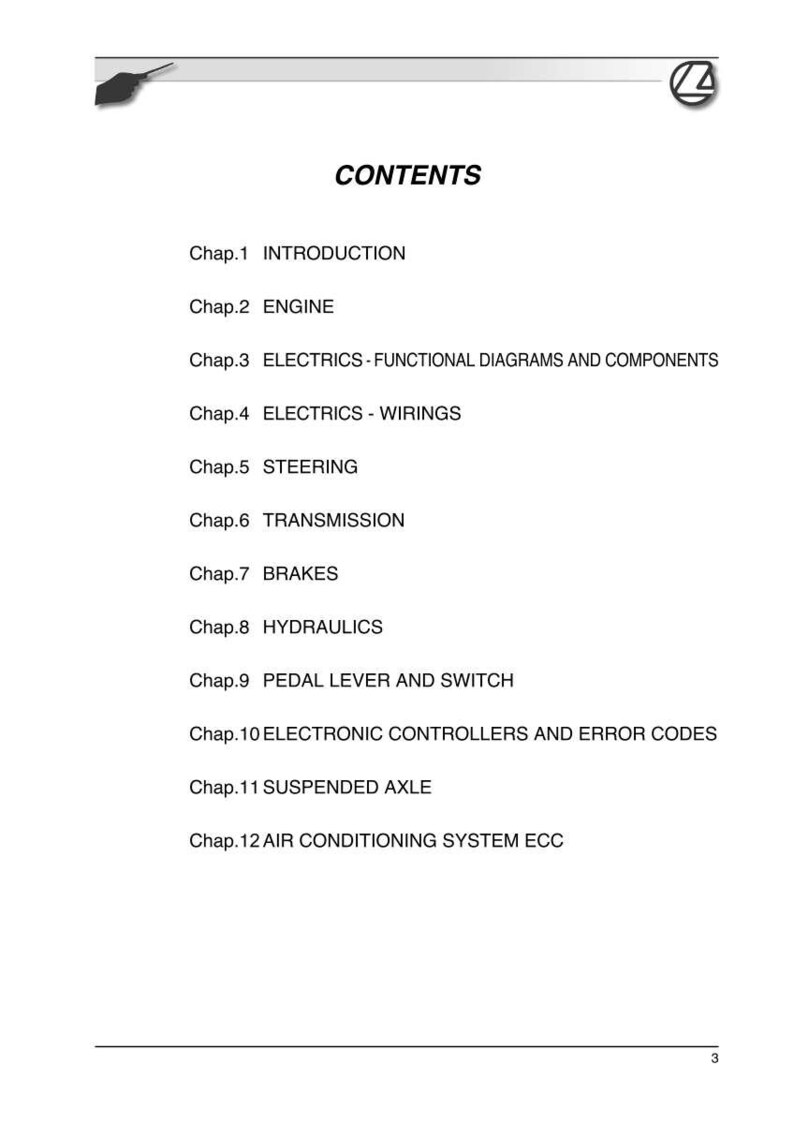 May include: A white page with the word "CONTENTS" in bold font. Below, a list of chapter titles and descriptions, including "INTRODUCTION", "ENGINE", "ELECTRICS", "STEERING", "TRANSMISSION", "BRAKES", and "HYDRAULICS".