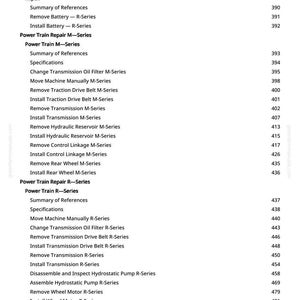 May include: A detailed table of contents from a manual, listing repair procedures for Kohler R-Series and M-Series equipment. The text includes sections on wiring harnesses, power train repair, and component removal.