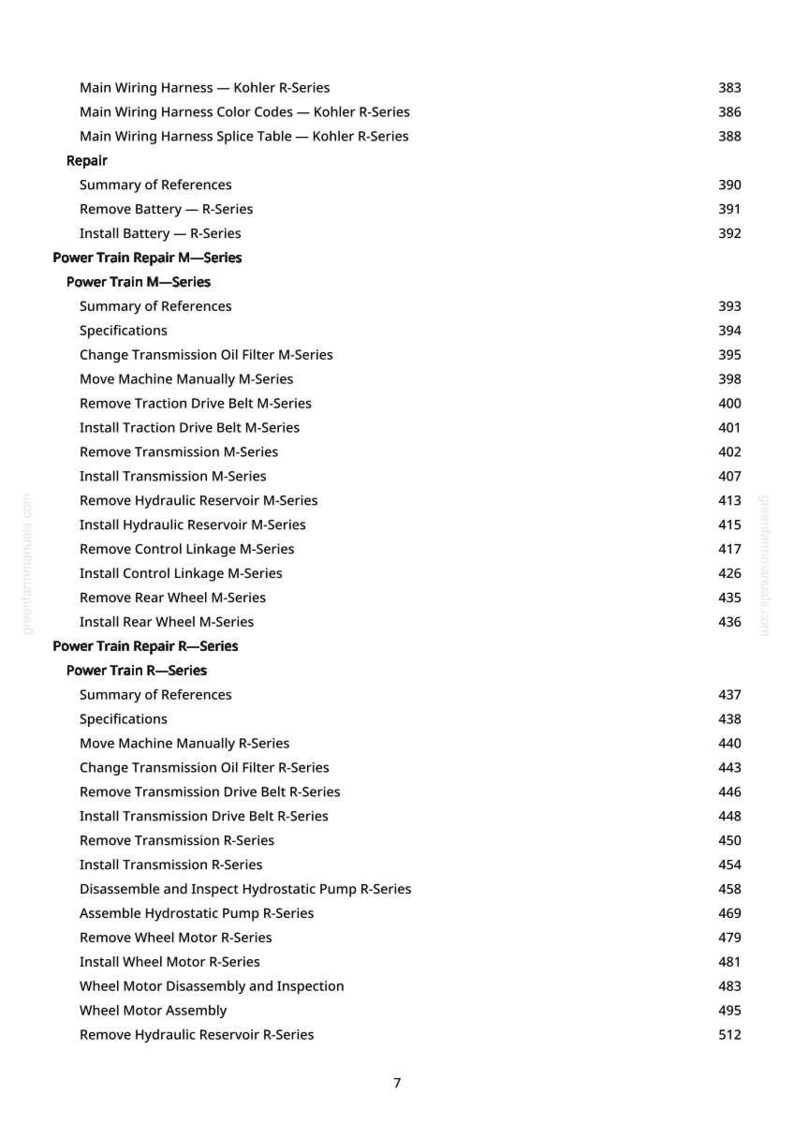 May include: A detailed table of contents from a manual, listing repair procedures for Kohler R-Series and M-Series equipment. The text includes sections on wiring harnesses, power train repair, and component removal.