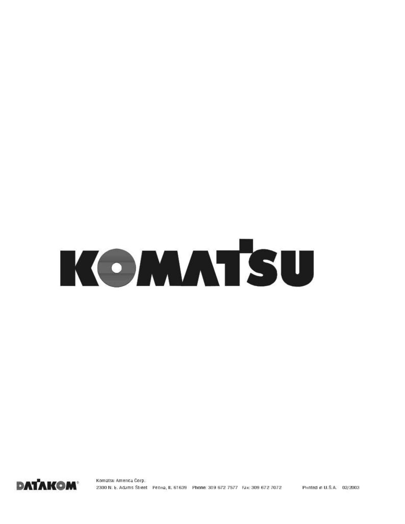 May include: The image displays the KOMATSU logo in bold, black letters with a gray circle in the center of the letter "O". Below the logo is the DATAKOM logo and company information, including the address, phone, and fax number.