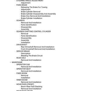 K&ouml;nnte beinhalten: Eine detaillierte Liste mechanischer Verfahren und Komponenten, einschlie&szlig;lich Ausbau der Vorderachse, Zerlegung des Bremssattels und Einbau des Getriebes. Schwarzer Text auf wei&szlig;em Hintergrund.
