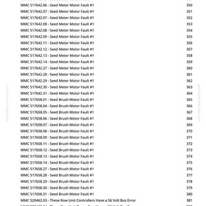 May include: A white document with black text detailing various Seed Meter Motor Faults and Seed Brush Motor Faults, along with other system errors. The document includes a list of error codes and descriptions.