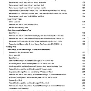 May include: A page from a manual with a list of instructions for agricultural equipment, including seed tanks, fans, and vacuum seed meters. The text is black on a white background.