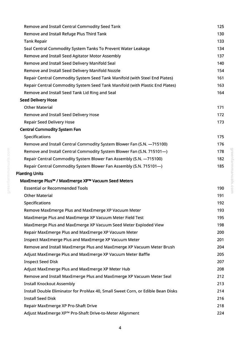 May include: A page from a manual with a list of instructions for agricultural equipment, including seed tanks, fans, and vacuum seed meters. The text is black on a white background.