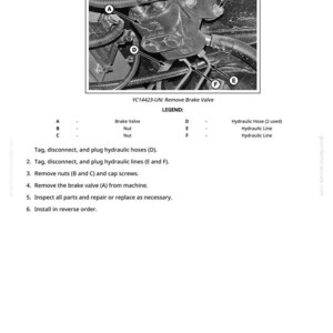 May include: A black and white diagram detailing the removal of a brake valve. The image includes a close-up of the valve assembly with labels A, B, C, D, E, and F. Accompanying text provides step-by-step instructions for the removal process.