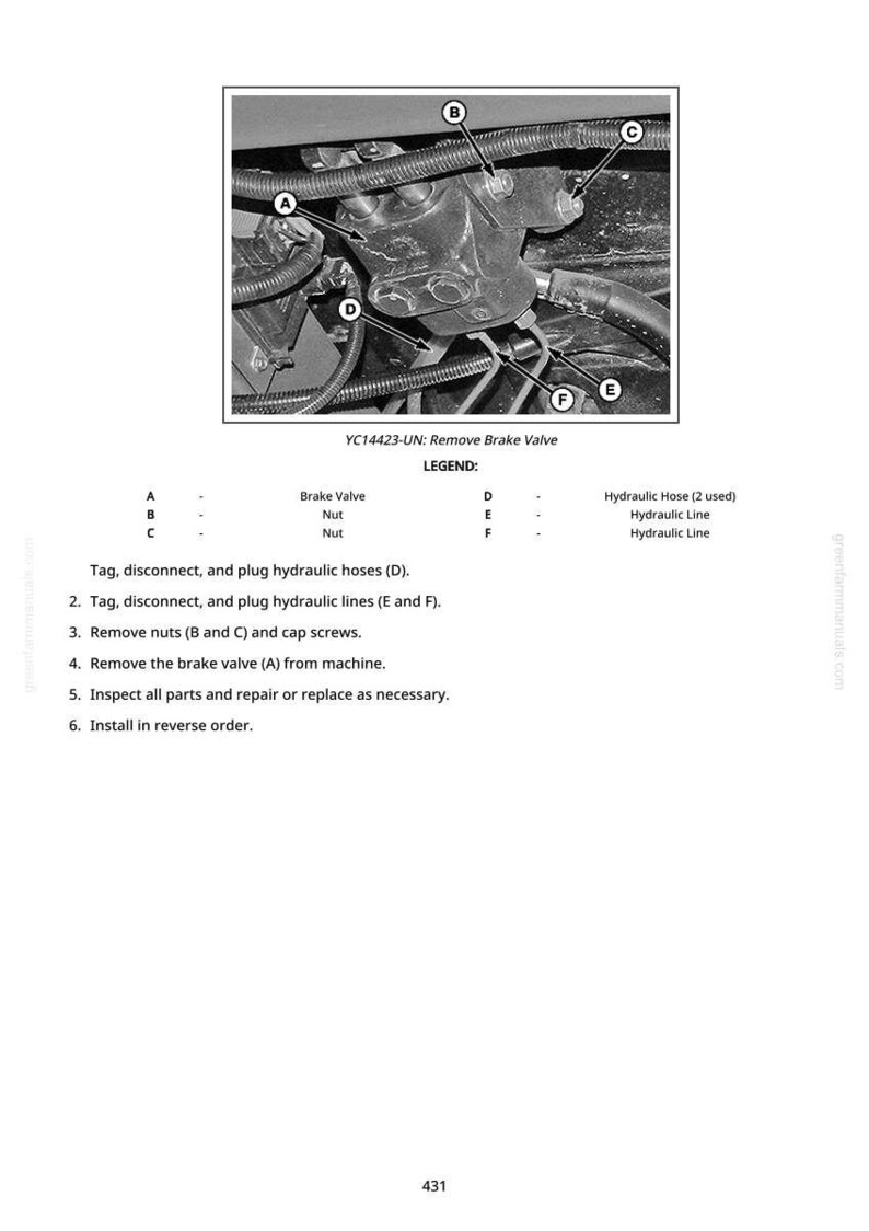 May include: A black and white diagram detailing the removal of a brake valve. The image includes a close-up of the valve assembly with labels A, B, C, D, E, and F. Accompanying text provides step-by-step instructions for the removal process.