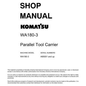 Puede incluir: Documento blanco con texto negro. Es un manual de taller para un Komatsu WA180-3 Parallel Tool Carrier. El documento incluye el logotipo de Komatsu, informaci&oacute;n del modelo y n&uacute;meros de serie.