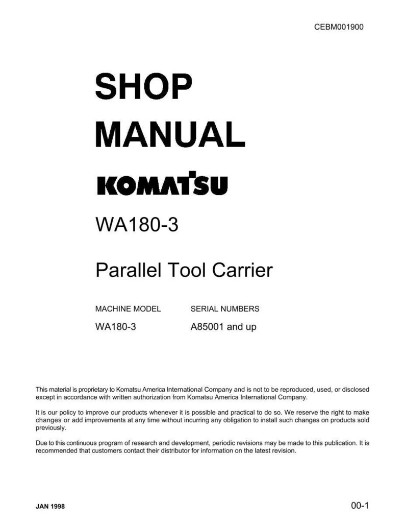 Puede incluir: Documento blanco con texto negro. Es un manual de taller para un Komatsu WA180-3 Parallel Tool Carrier. El documento incluye el logotipo de Komatsu, informaci&oacute;n del modelo y n&uacute;meros de serie.