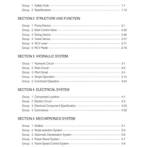 May include: A detailed table of contents from a manual, with headings and subheadings in black text on a white background. Sections include General, Structure and Function, Hydraulic System, Electrical System, and Mechatronics System.