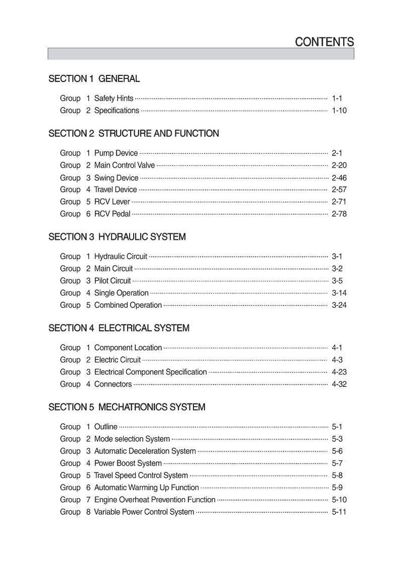 May include: A detailed table of contents from a manual, with headings and subheadings in black text on a white background. Sections include General, Structure and Function, Hydraulic System, Electrical System, and Mechatronics System.