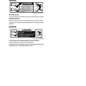 May include: A white page with black text and safety labels for a lawn mower. The labels include warnings about rotating blades and thrown objects, with accompanying illustrations. The text emphasizes safety precautions.