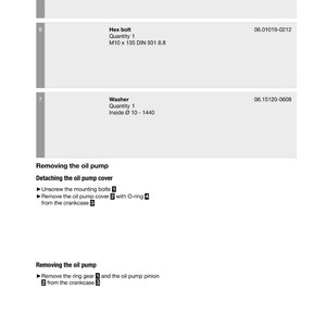 May include: A page from a manual detailing engine lubrication and oil pump removal. Includes diagrams and part specifications for a plate (60 x 123), a hex bolt (M10 x 135), and a washer (inside &Oslash; 10-1440).