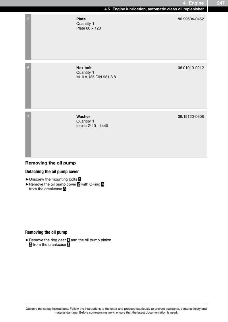 May include: A page from a manual detailing engine lubrication and oil pump removal. Includes diagrams and part specifications for a plate (60 x 123), a hex bolt (M10 x 135), and a washer (inside &Oslash; 10-1440).
