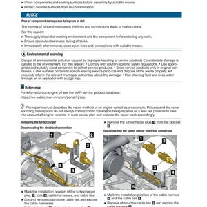 May include: A page from a repair manual detailing procedures for disconnecting electrical connections on a turbocharger and speed sensor. Diagrams show numbered steps and components, with warnings about contamination and environmental concerns.