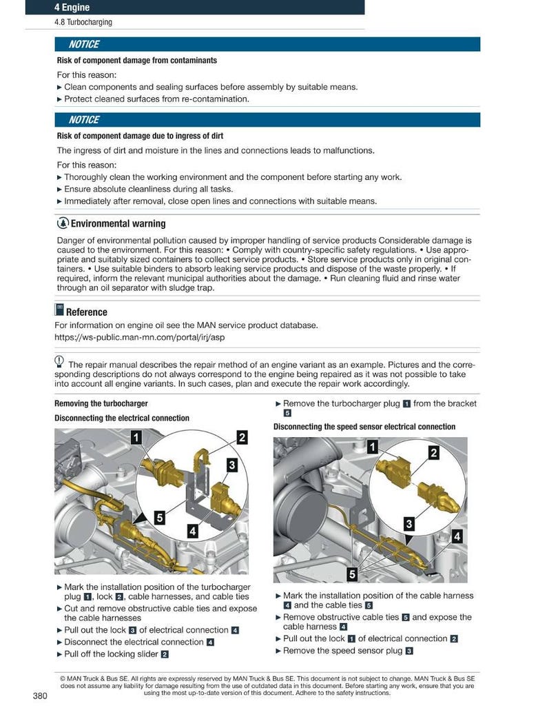 May include: A page from a repair manual detailing procedures for disconnecting electrical connections on a turbocharger and speed sensor. Diagrams show numbered steps and components, with warnings about contamination and environmental concerns.