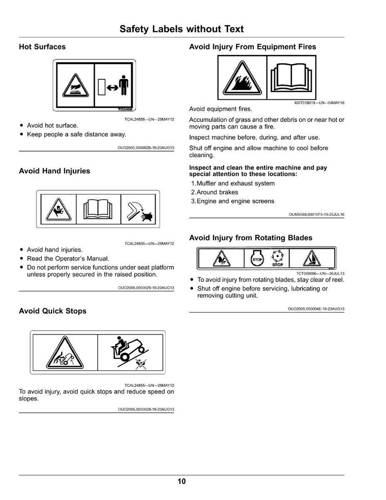May include: A page of safety labels without text, showing warning symbols and instructions. Topics include hot surfaces, equipment fires, hand injuries, rotating blades, and quick stops. The labels are in black and white.
