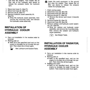K&ouml;nnte beinhalten: Eine Seite aus einem Handbuch mit Anweisungen zum Aus- und Einbau von Hydraulikk&uuml;hlerbaugruppen und K&uuml;hlern. Der Text beschreibt Schritte wie das Trennen von Schl&auml;uchen und das Nachf&uuml;llen mit &Ouml;l oder Wasser.