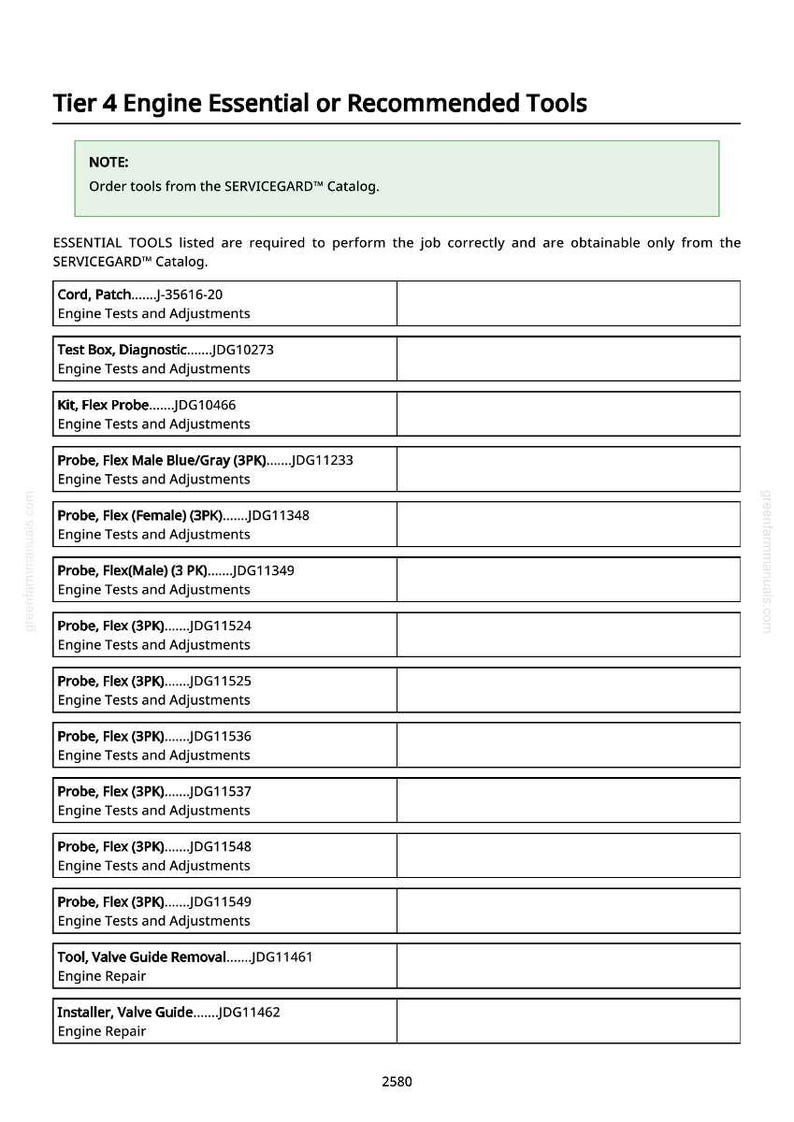 May include: A detailed list of Tier 4 Engine Essential or Recommended Tools. The document includes a note to order tools from the SERVICEGARD&trade; Catalog. Essential tools are listed for correct job performance. Includes tool names and part numbers.