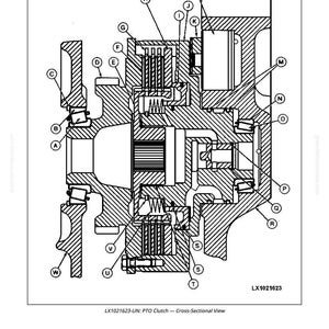 K&ouml;nnte beinhalten: Detaillierte Querschnittsdarstellung einer Zapfwellenkupplung, beschriftet mit Buchstaben und Zahlen. Das Diagramm ist in Schwarzwei&szlig; gehalten und zeigt die inneren Komponenten und ihre Anordnung. Der Text "LX1021623-UN: PTO Clutch - Cross-Sectional View" befindet sich unten.