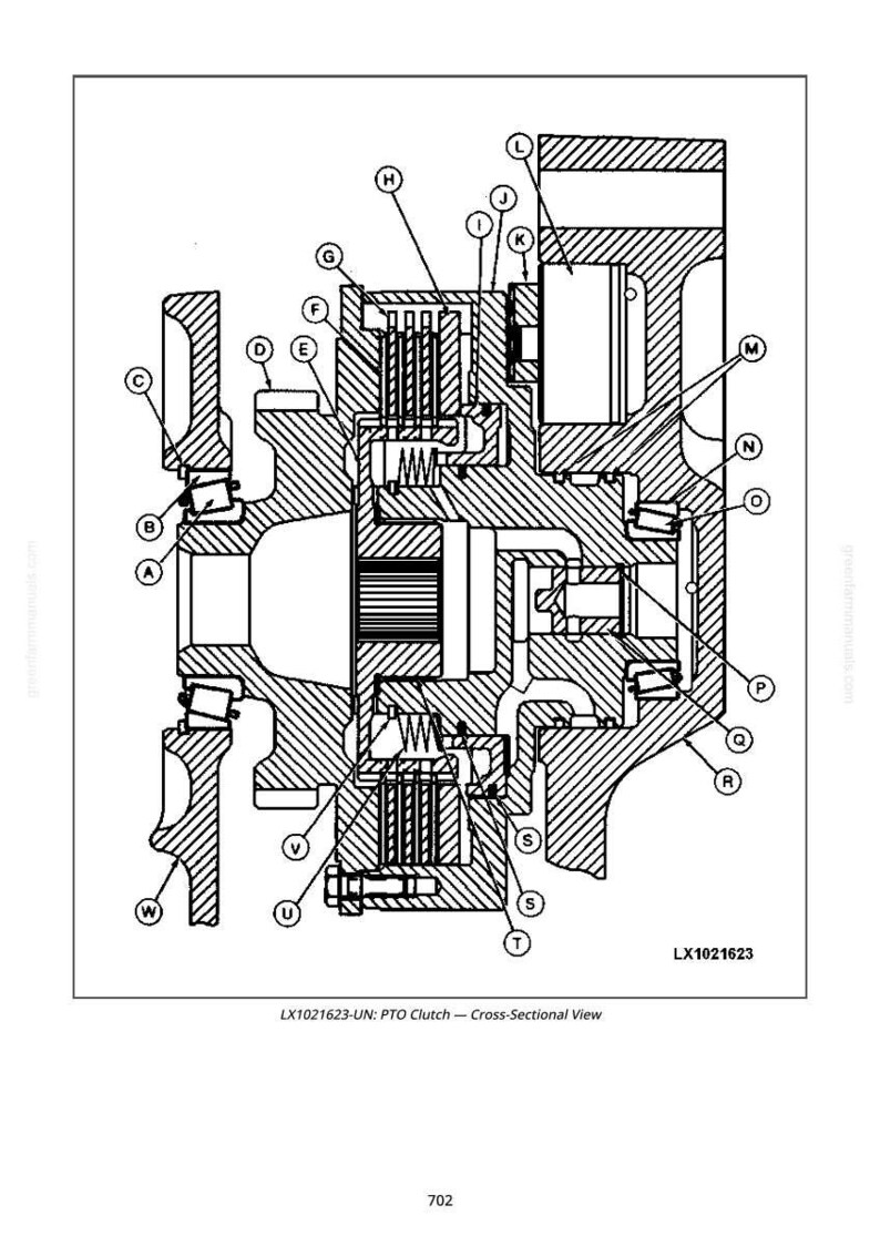 K&ouml;nnte beinhalten: Detaillierte Querschnittsdarstellung einer Zapfwellenkupplung, beschriftet mit Buchstaben und Zahlen. Das Diagramm ist in Schwarzwei&szlig; gehalten und zeigt die inneren Komponenten und ihre Anordnung. Der Text "LX1021623-UN: PTO Clutch - Cross-Sectional View" befindet sich unten.