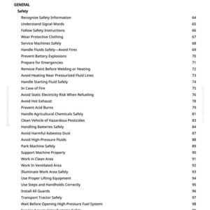 May include: A page from a manual titled "Table of Contents" with a list of safety topics. The topics include "Wear Protective Clothing", "Handle Fluids Safely", and "Prevent Battery Explosions". The page is white with black text.
