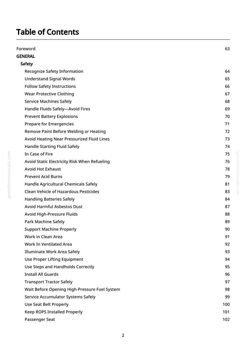 May include: A page from a manual titled "Table of Contents" with a list of safety topics. The topics include "Wear Protective Clothing", "Handle Fluids Safely", and "Prevent Battery Explosions". The page is white with black text.