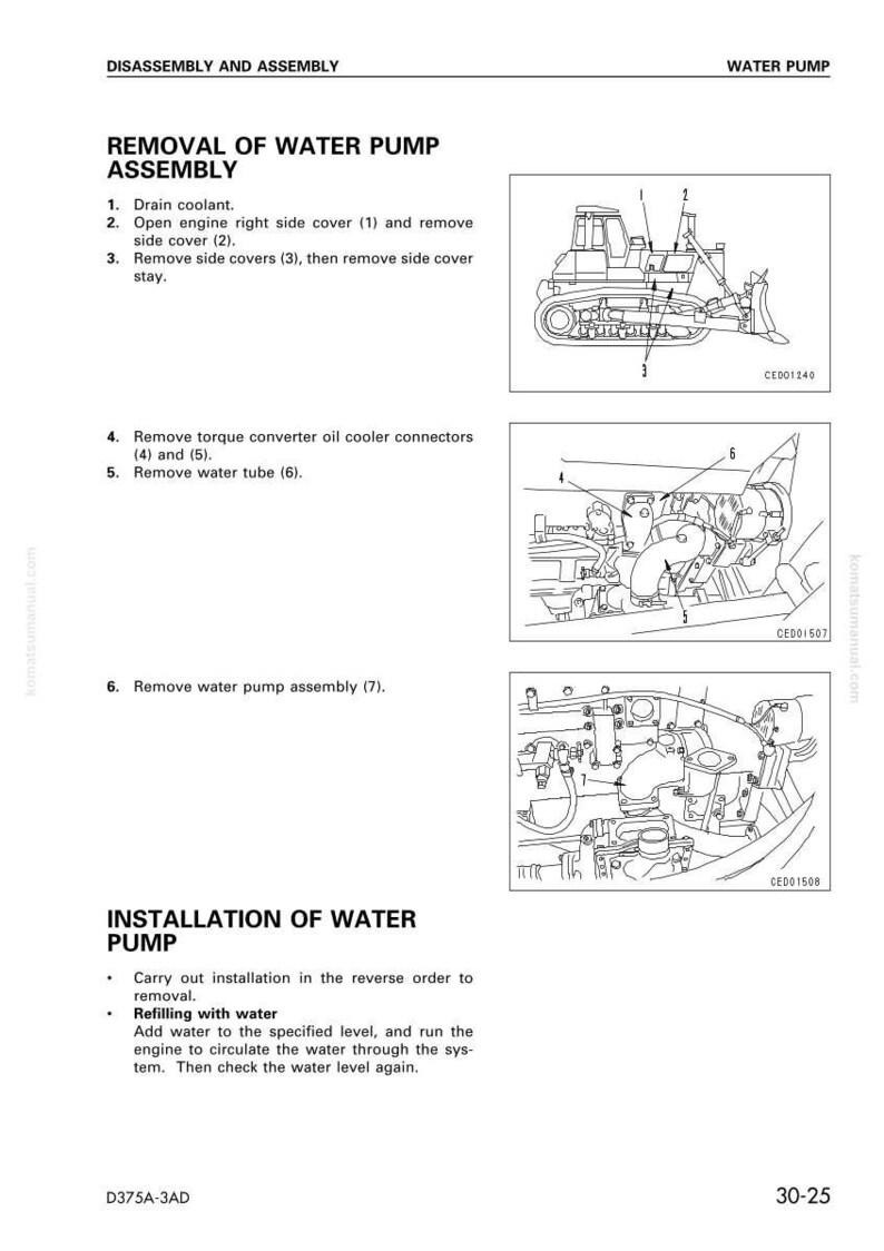 May include: Diagram of water pump removal and installation instructions. Includes illustrations of a bulldozer and engine components with labels and steps. Text includes "Removal of Water Pump Assembly" and "Installation of Water Pump".