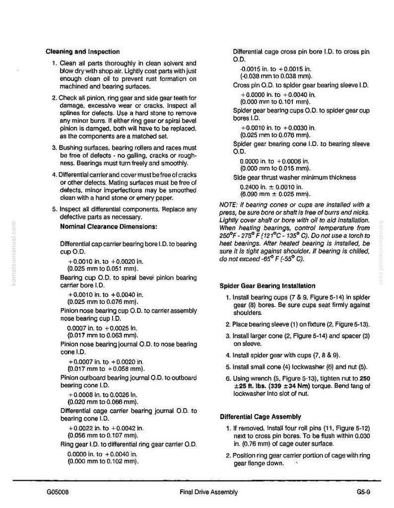 Pode incluir: Um diagrama t&eacute;cnico detalhado com texto e medidas para um conjunto de transmiss&atilde;o final. A p&aacute;gina inclui instru&ccedil;&otilde;es para limpeza, inspe&ccedil;&atilde;o e instala&ccedil;&atilde;o de rolamentos de engrenagem aranha, com medidas em mm.