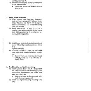Pu&ograve; includere: Una pagina di un manuale che descrive lo smontaggio e il montaggio di una trasmissione TORQFLOW. Il testo include istruzioni per l'ingranaggio di trasmissione, il gruppo pignone conico e il gruppo alloggiamento e frizione n. 5, con diagrammi e numeri di parte.