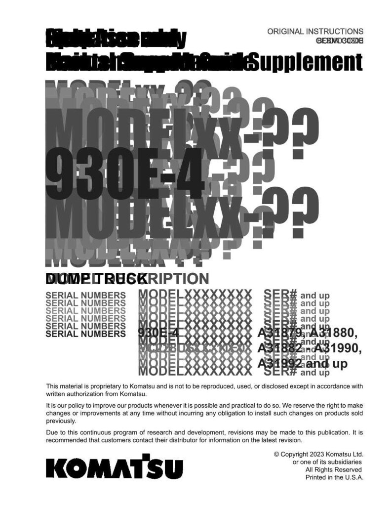 Puede incluir: Documento blanco con el logotipo de Komatsu, texto y diagramas. El documento incluye el texto "Instrucciones originales" y "Suplemento". El documento tambi&eacute;n incluye el texto "930E-4".