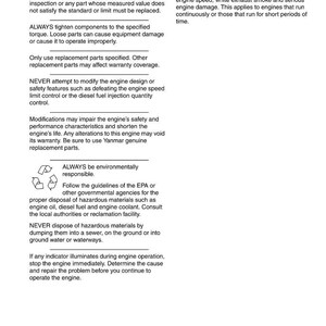 May include: A page from a Yanmar service manual with safety precautions and notices. Text includes warnings about engine maintenance, replacement parts, and environmental responsibility. The manual is dated December 2006.