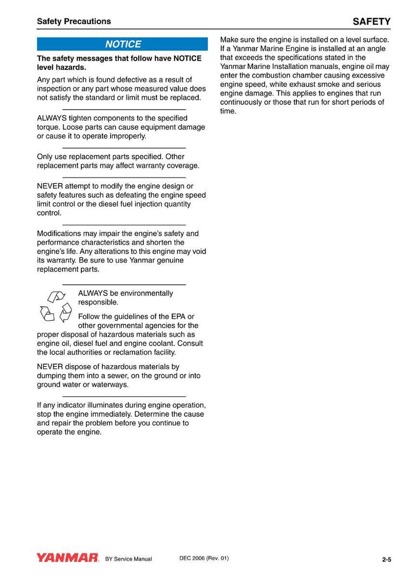 May include: A page from a Yanmar service manual with safety precautions and notices. Text includes warnings about engine maintenance, replacement parts, and environmental responsibility. The manual is dated December 2006.