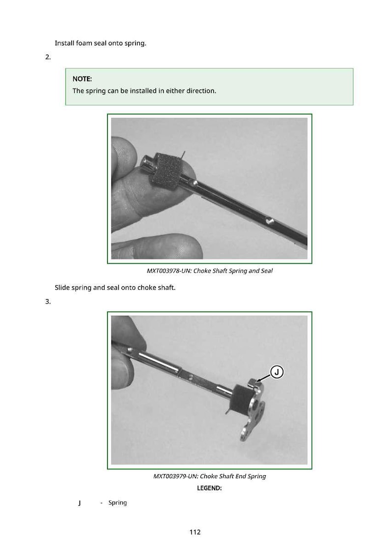 May include: Diagram showing the installation of a choke shaft spring and seal. The image includes close-ups of the parts and instructions. Text includes "Install foam seal onto spring" and "Slide spring and seal onto choke shaft."