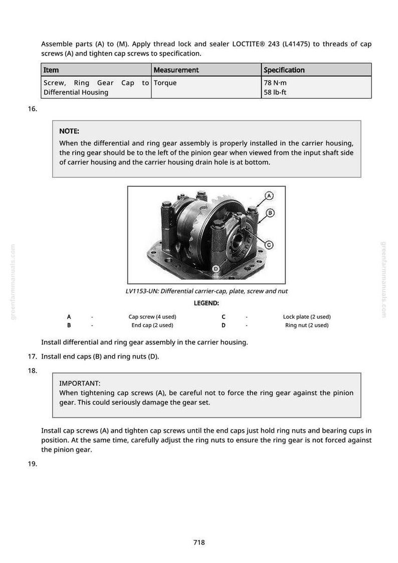 Puede incluir: Diagrama t&eacute;cnico de un conjunto de portador diferencial con piezas etiquetadas y especificaciones de par. Incluye una ilustraci&oacute;n detallada del montaje, con notas sobre la instalaci&oacute;n y los procedimientos de apriete. El par es de 78 N-m.