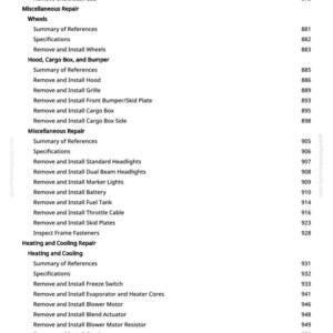May include: A page from a manual with a list of automotive repair procedures, including removing and installing various components like headlights, batteries, and fuel tanks. The page includes a table of contents with page numbers.