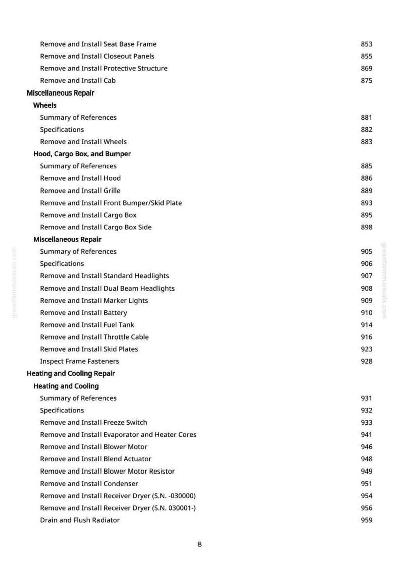 May include: A page from a manual with a list of automotive repair procedures, including removing and installing various components like headlights, batteries, and fuel tanks. The page includes a table of contents with page numbers.