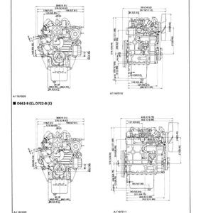 May include: Diagram of engine dimensions, labeled "DIMENSIONS" and "68mm STROKE SERIES WSM 02400." Includes multiple views of engine models Z442-B (E), Z482-B (E), D662-B (E), and D722-B (E), with measurements in inches and millimeters.