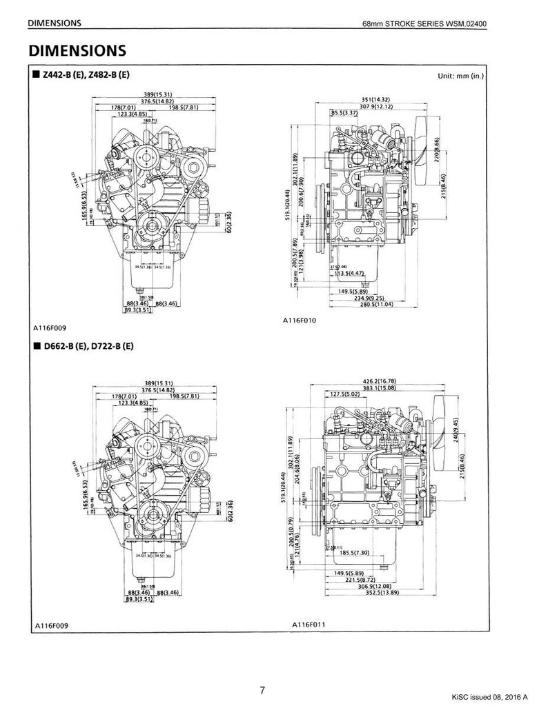 May include: Diagram of engine dimensions, labeled "DIMENSIONS" and "68mm STROKE SERIES WSM 02400." Includes multiple views of engine models Z442-B (E), Z482-B (E), D662-B (E), and D722-B (E), with measurements in inches and millimeters.