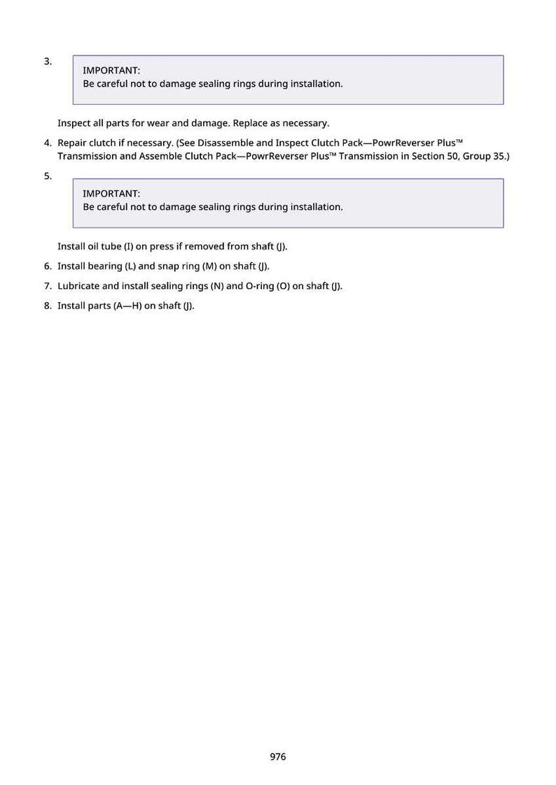 Op de afbeelding: Witte pagina met tekstinstructies voor mechanische reparatie. De tekst bevat genummerde stappen, waarschuwingen over het beschadigen van afdichtringen en instructies voor het installeren van onderdelen zoals lagers en borgringen. Het nummer 976 staat onderaan.