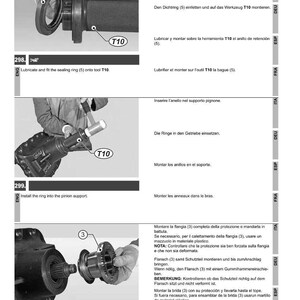 May include: Diagram showing automotive component assembly, with text in several languages. Details include fitting a sealing ring, installing a flange, and pinion support. Features the DANA logo.